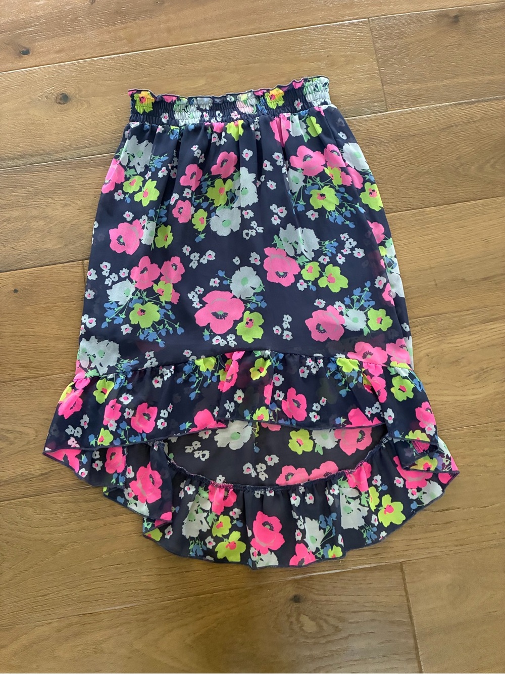 Cherokee Navy High-Low Floral Ruffle Skirt with Pink & Lime Accents